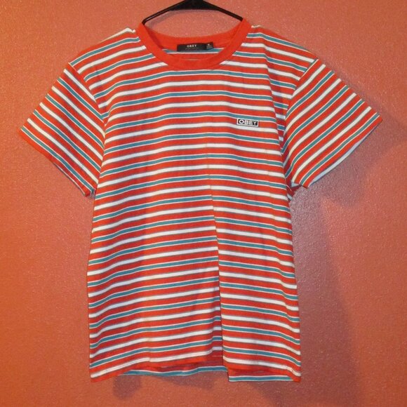 Obey Woman Medium Orange White Blue Stripe Short Sleeve Shirt - Picture 1 of 6